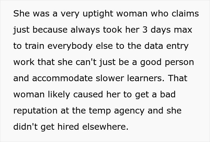 Text excerpt about a strict woman causing reputational damage at a temp agency, affecting her future opportunities.