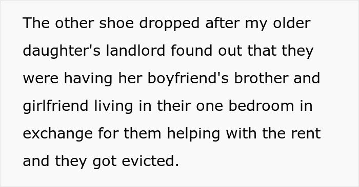 Text describing eviction after landlord discovered unauthorized tenants causing family conflict over future and responsibility.