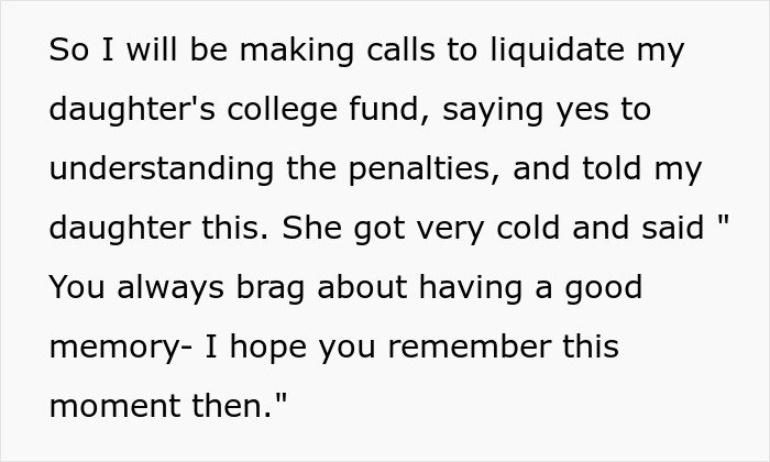 Text discussing a mom liquidating her daughter's college fund, impacting the child's future to help irresponsible sister.