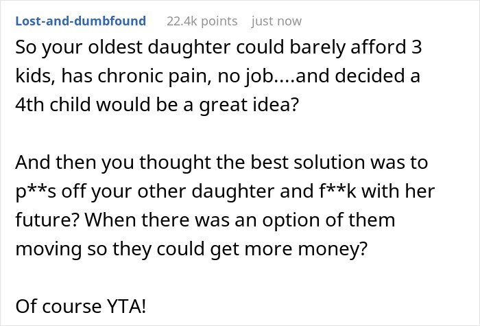 Reddit comment criticizing a mom for sacrificing younger daughter's future to support irresponsible sister&rsquo;s needs.