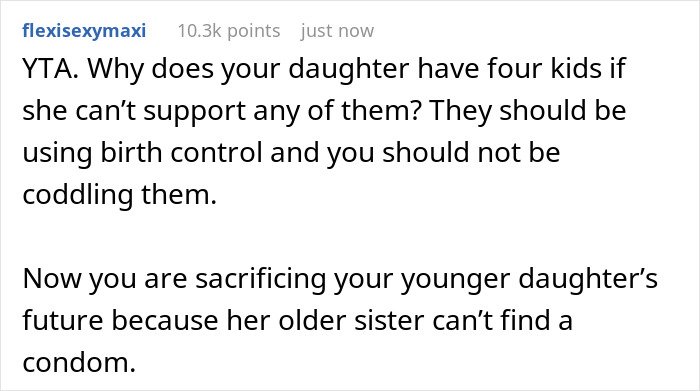 Reddit comment criticizing mom for sacrificing younger kid&rsquo;s future to support irresponsible older sister.