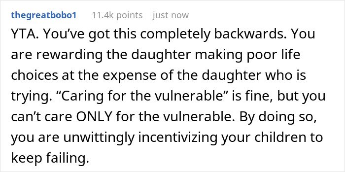 Comment criticizing a mom for rewarding irresponsible sister and harming younger kid&rsquo;s future by enabling poor choices.