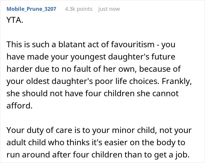 Comment on favoritism showing mom robbing younger kid of a good future to support irresponsible sister's choices.
