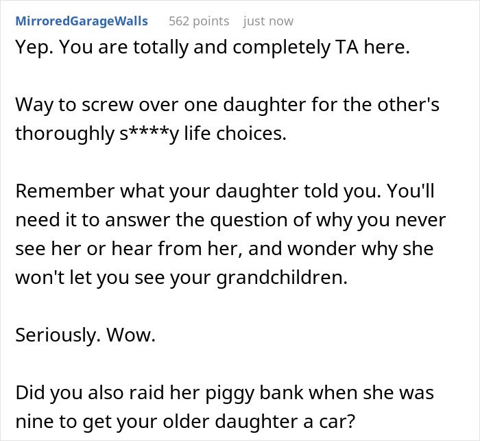 Comment criticizing mom for robbing younger kid's future to support irresponsible sister, causing family conflict and estrangement.