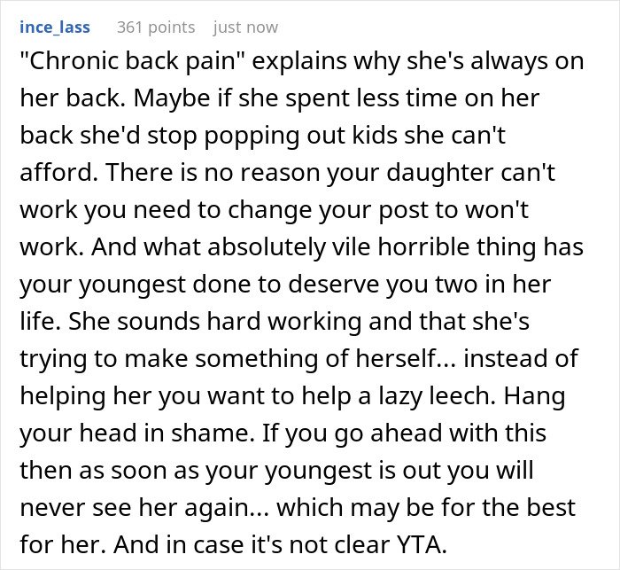 Comment discussing how a mom&rsquo;s support for an irresponsible sister risks the younger kid&rsquo;s future and causes family tension.