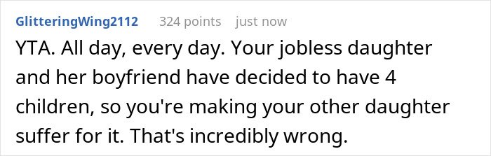 Comment from GlitteringWing2112 criticizing a mother for harming one daughter's future to support an irresponsible sister.