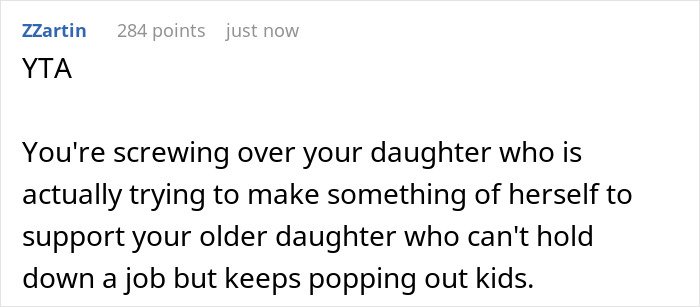 Comment criticizing mom for robbing younger kid&rsquo;s future to help irresponsible sister causing family conflict.