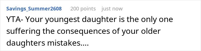 Comment text discussing consequences faced by youngest daughter due to irresponsible older sister affecting her future opportunities