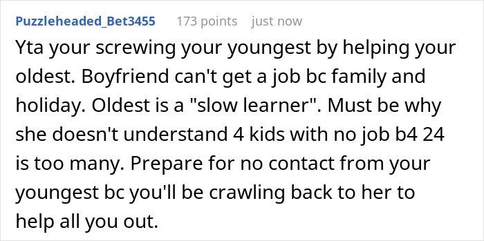 Comment discussing how a mom's actions rob her younger kid of a good future to help her irresponsible sister.
