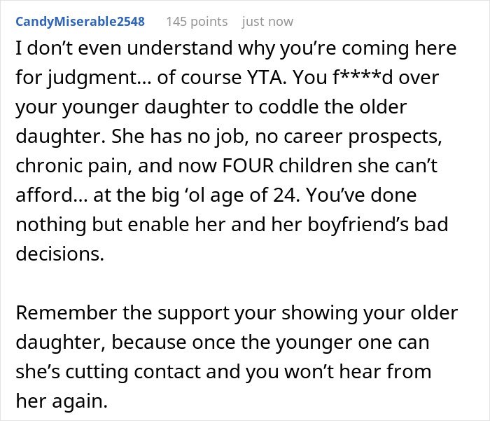 Reddit comment criticizing a mom for robbing her younger child&rsquo;s future to support an irresponsible older sister.