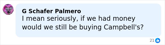 Comment on social media questioning Campbell's soup ingredients and money spent on their products.