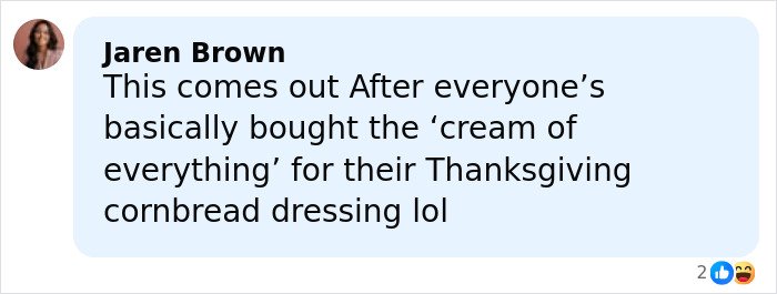 Screenshot of a social media comment discussing the leaked audio exposing Campbell's executive’s disturbing soup ingredients remarks.