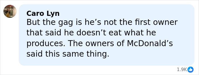 Comment from Caro Lyn discussing Campbell's executive and McDonald's owners not eating their own soup ingredients, shown on a social media post.