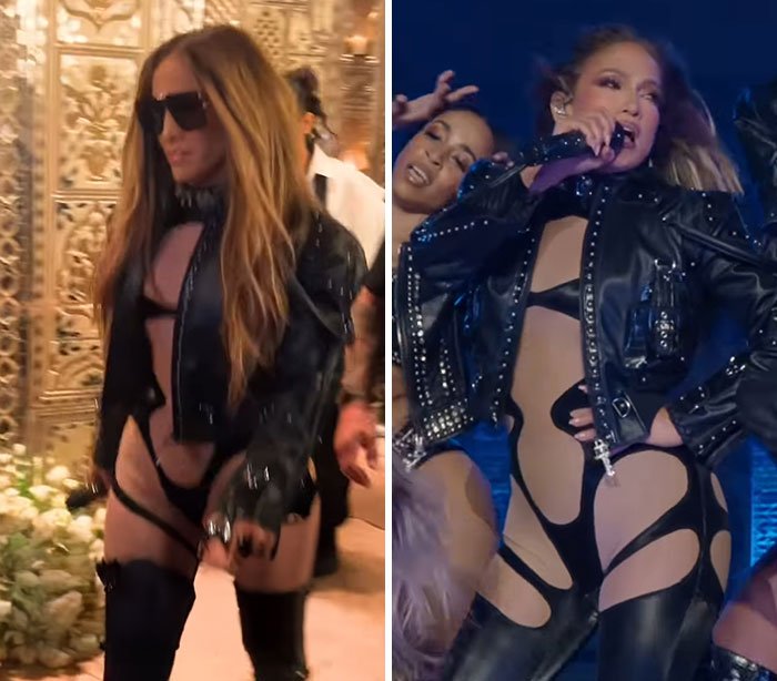 Jennifer Lopez performing a risqué dance in a black cut-out outfit with a studded jacket and sunglasses at a lavish event.