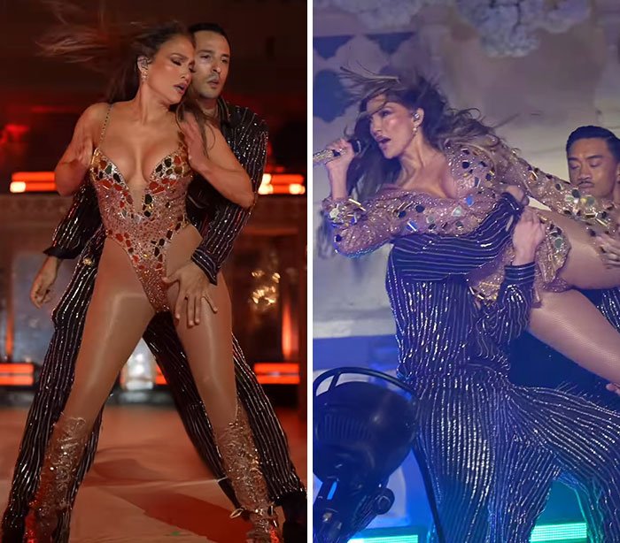 Jennifer Lopez performing a risqué dance with backup dancers during a controversial billionaire's wedding event.