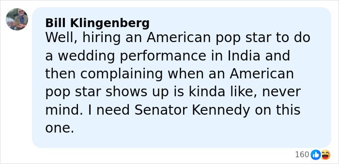 Comment by Bill Klingenberg discussing an American pop star’s controversial wedding performance in India.