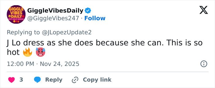 Screenshot of a tweet reacting to Jennifer Lopez's risqué performance at a billionaire's wedding, calling her dress hot.