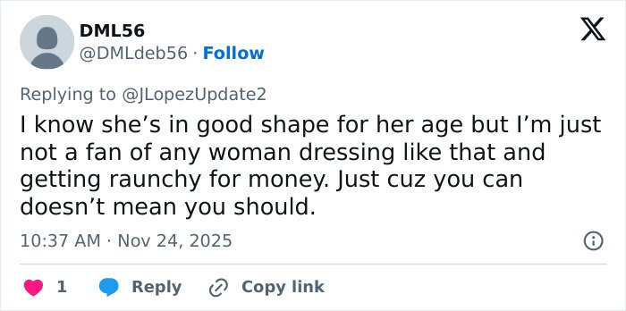 Tweet criticizing Jennifer Lopez's risqué performance, highlighting negative reactions to her act at billionaire's wedding.