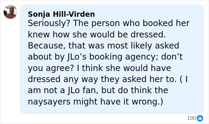 Comment criticising opinions about Jennifer Lopez's risqué performance at billionaire’s wedding, discussing her outfit choice and agency role.