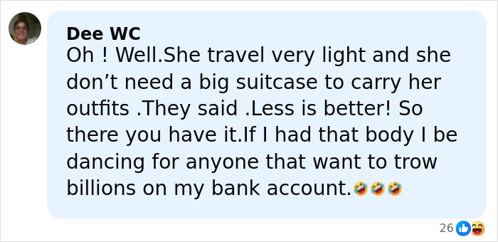 Facebook comment praising Jennifer Lopez's risqué performance at a billionaire's wedding with light travel and dance humor.