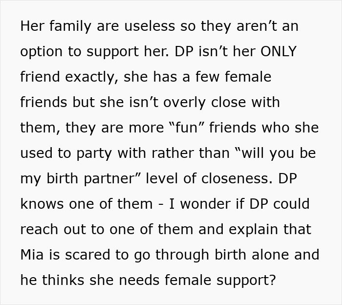 Text discussing a woman feeling hurt as her partner’s first birth support experience is with someone else, not her.