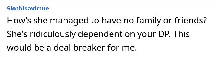 User comment expressing concern about dependence on a partner amid birth support and family dynamics issues.