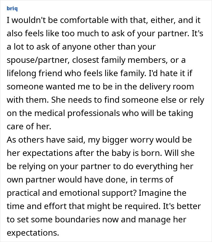 Text discussing discomfort with partner's birth support role and managing expectations for emotional support after birth.