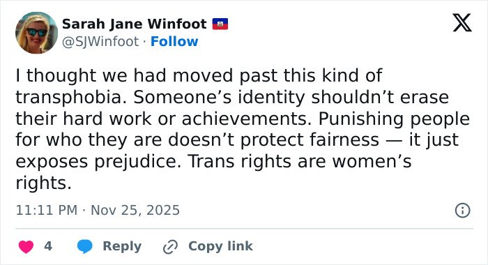 Tweet expressing concern about fairness and trans rights after world&rsquo;s strongest woman crown was revoked due to birth gender discovery.