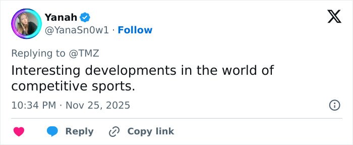 Tweet from user Yanah discussing competitive sports with mention of world&rsquo;s strongest woman and controversy over gender identity.
