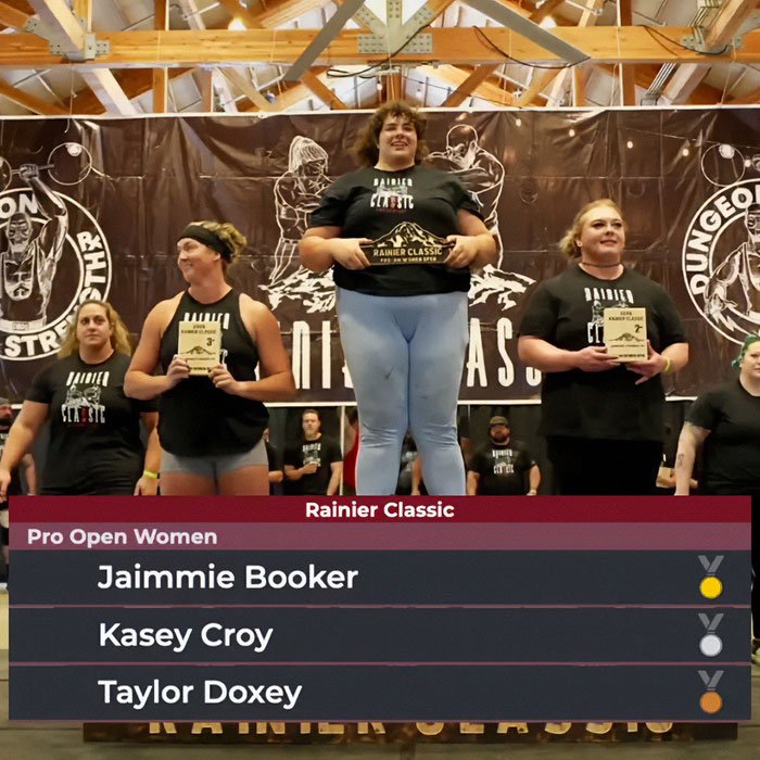 Winner at Rainier Classic strongwoman event holding trophy, highlighting world&rsquo;s strongest woman competition controversy.