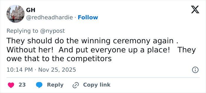 Tweet text criticizing the winner after the World&rsquo;s Strongest Woman crown was revoked over gender controversy.