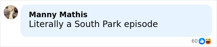 Comment on social media post saying Literally a South Park episode with a laughing emoji and thumbs up reaction.