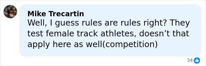 Comment discussing rules for female athletes in competition related to the world's strongest woman controversy.