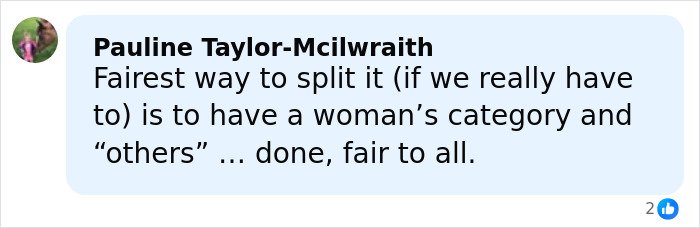 Comment by Pauline Taylor-Mcilwraith discussing fairness in splitting categories by having a woman's category and others.