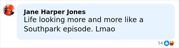 Comment by Jane Harper Jones on a social media platform, humorously comparing a situation to a Southpark episode.