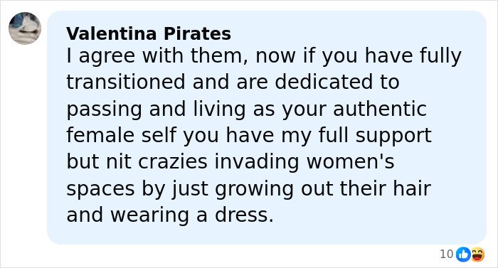 Comment discussing views on gender transition and women&rsquo;s spaces, mentioning support and concerns about authenticity.
