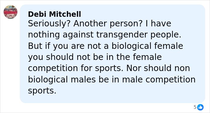 Comment by Debi Mitchell expressing views on transgender participation in female sports competitions.