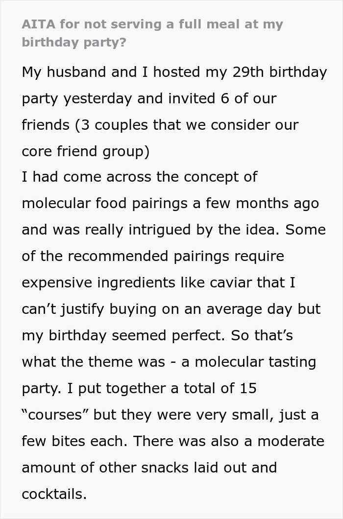 Text post discussing a woman’s birthday party planning and friends disliking her birthday parties revealed through texts.