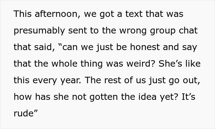 Text message reveals friends’ true feelings about woman’s birthday parties, exposing hidden dislike and awkwardness.