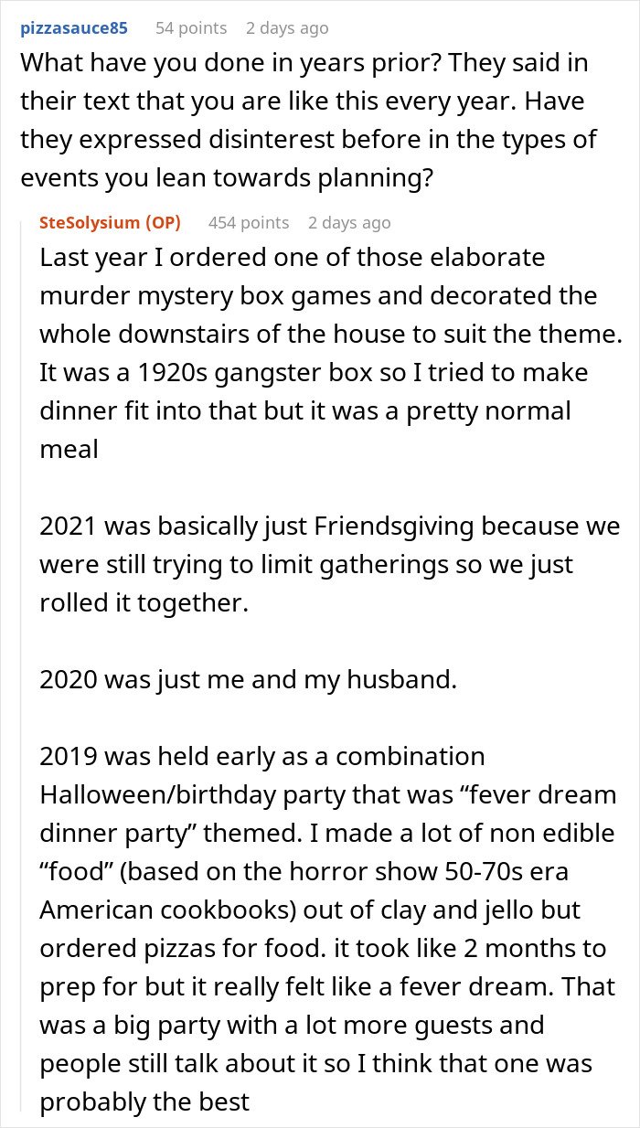 Screenshot of a Reddit conversation where a woman shares texts revealing her friends hated her birthday parties.