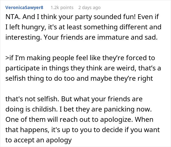 Screenshot of online comment discussing a woman’s friends disliking her birthday parties and immature behavior.