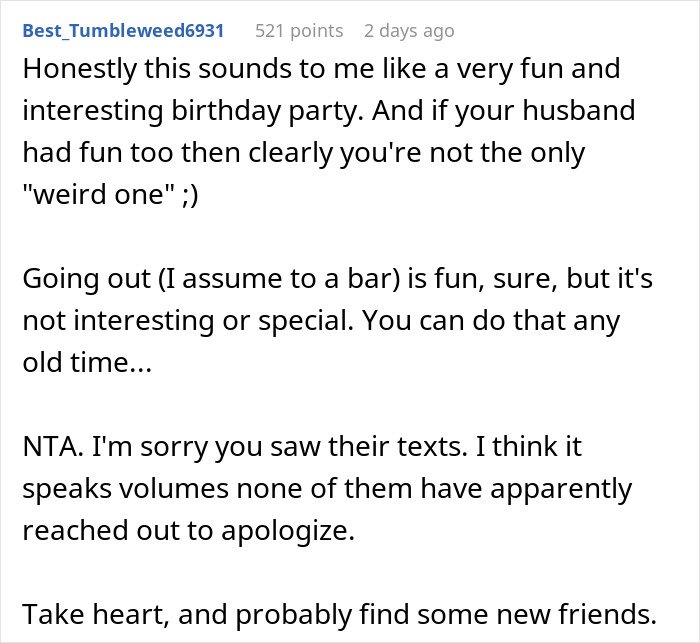 Screenshot of a Reddit comment discussing a woman discovering texts revealing her friends disliked her birthday parties.