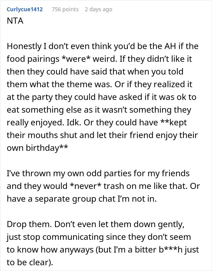 Text message conversation about a woman discovering her friends disliked her birthday parties from unwanted texts.