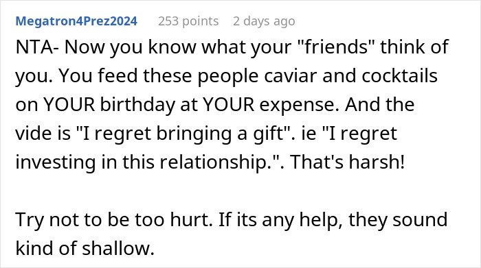 Screenshot of a Reddit comment discussing a woman who received texts revealing her friends hated her birthday parties.