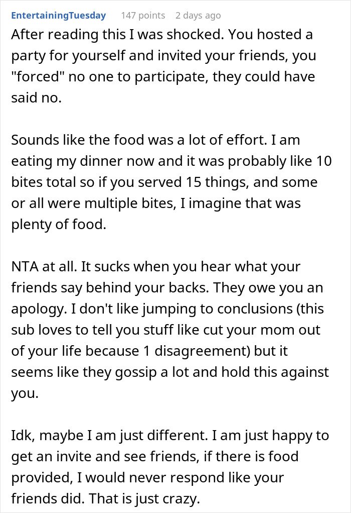Screenshot of a text conversation discussing friends disliking birthday parties and hidden messages about celebrations.