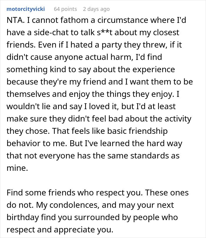 Text conversation screenshot showing a woman receiving texts revealing her friends disliked her birthday parties.