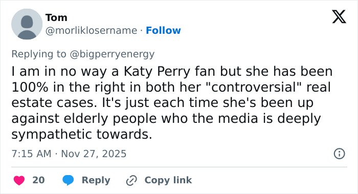 Social media support for Katy Perry amid lawsuit involving gravely ill 85-year-old veteran and $5 million claim.