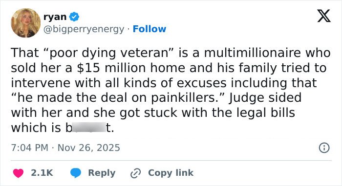 Tweet about Katy Perry suing an 85-year-old gravely ill veteran and public support during the $5 million lawsuit controversy.