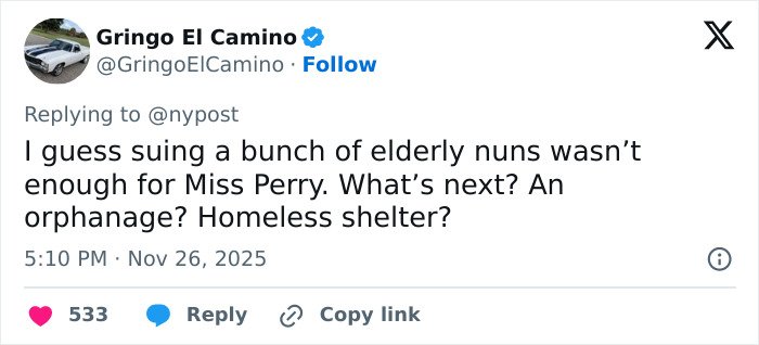 Tweet criticizing Katy Perry suing elderly individuals, sparking support amid controversy over veteran lawsuit.