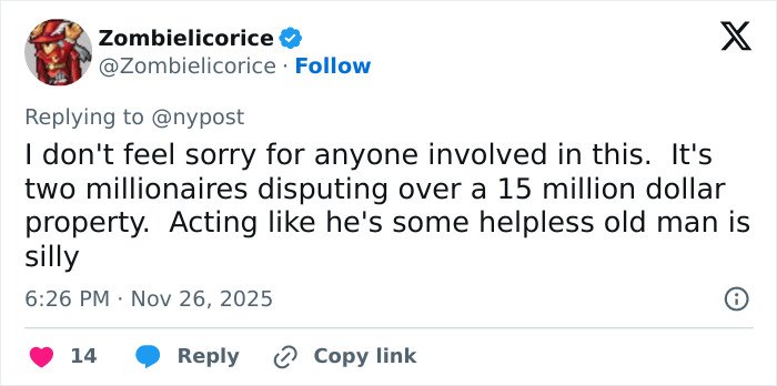Tweet discussing Katy Perry suing an 85-year-old veteran, with people supporting her in the legal dispute over property.